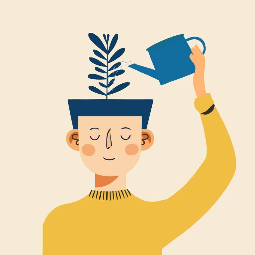 Clip art of a man watering his head with a watering can, symbolising personal growth and self-care as a plant grows.