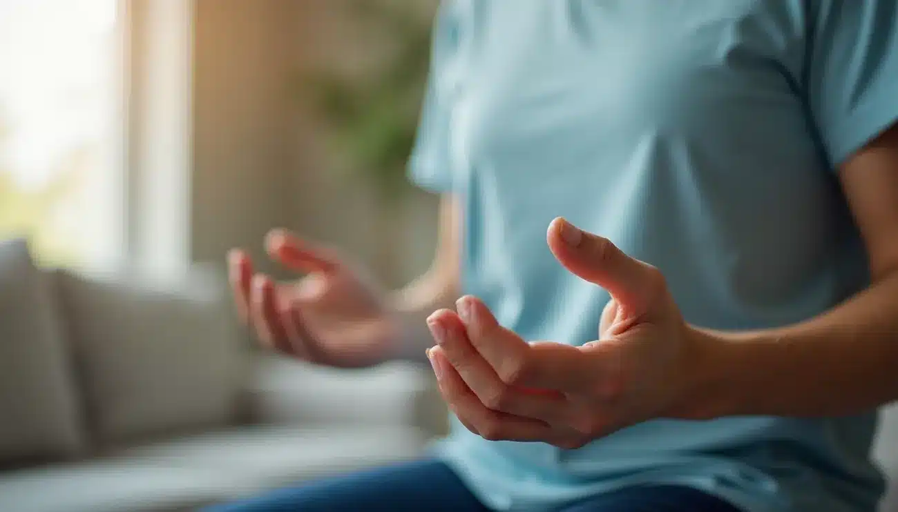 Close-up of a person sitting calmly with open hands, practicing mindfulness to control anger immediately.