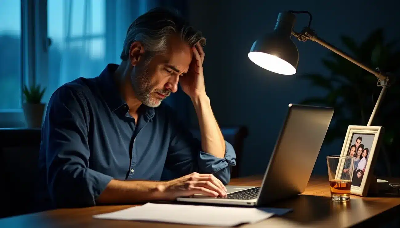 Man sitting at a desk late at night, looking stressed and holding his head while working on a laptop under a desk lamp.